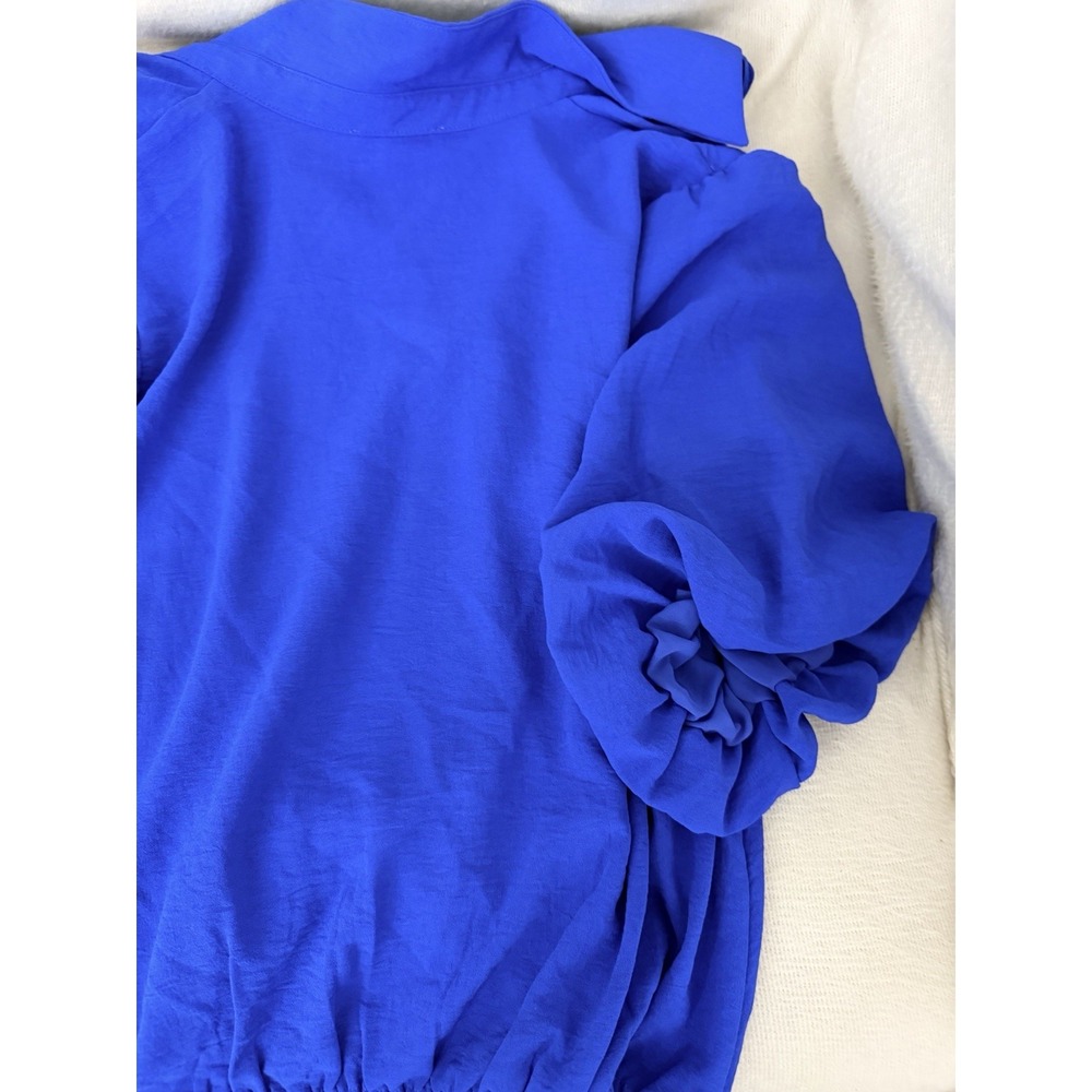 Flying Tomato Top Womens L Cobalt Blue Bubble Hem Blouse Puff Sleeve Collared - Picture 8 of 8